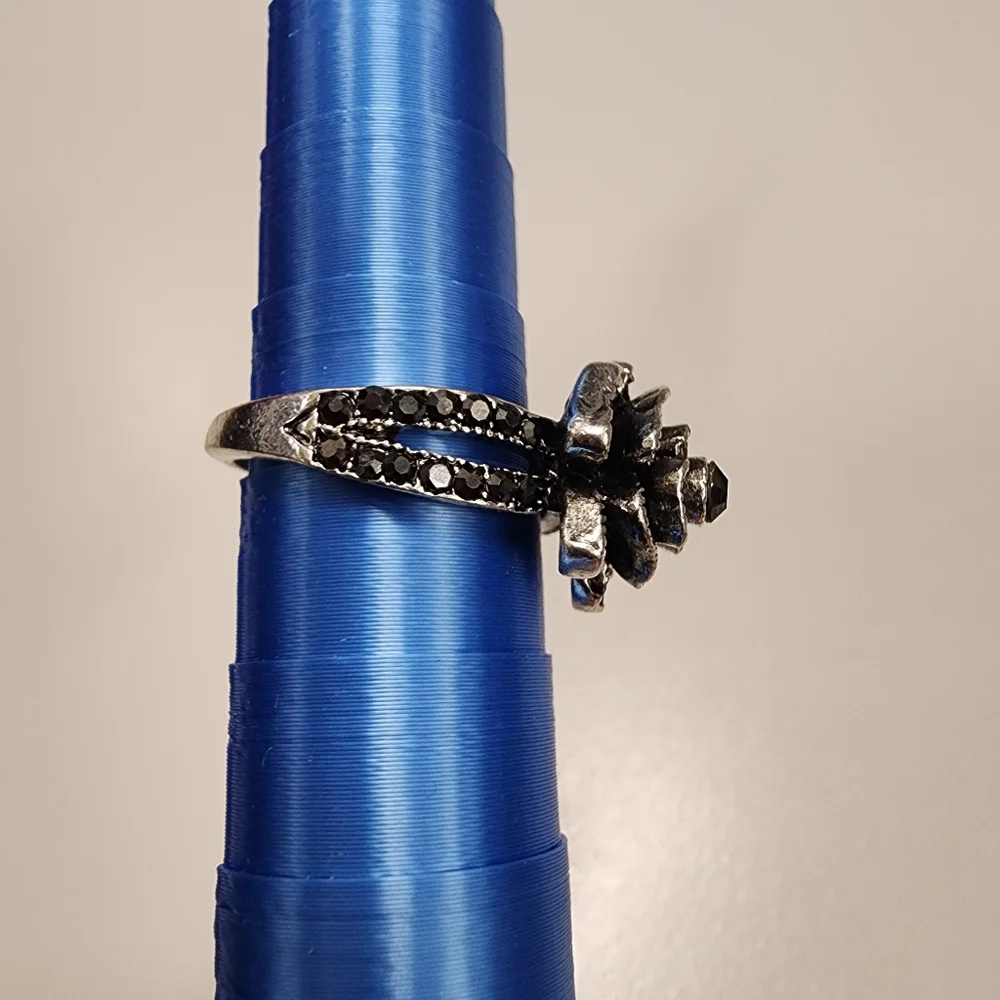 Sz 8 Gothic Black Rose Flower Ring Black Rhinestone Cocktail Statement Feminine